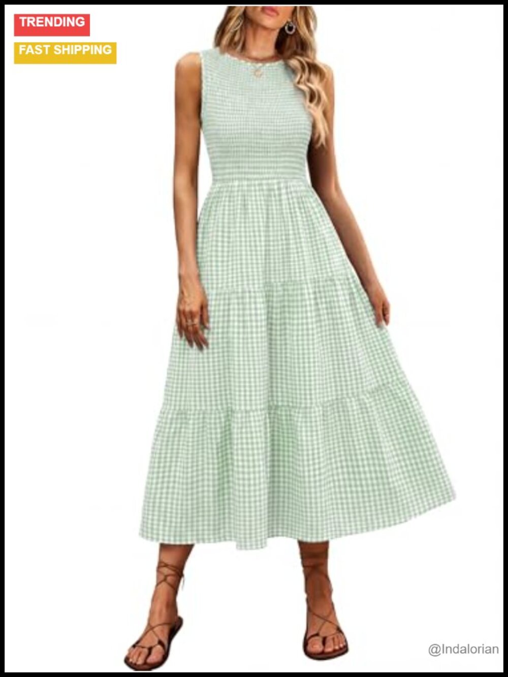 Sleeveless Crewneck Maxi Dress with Pockets Smocked Tiered Boho Beach Sundress